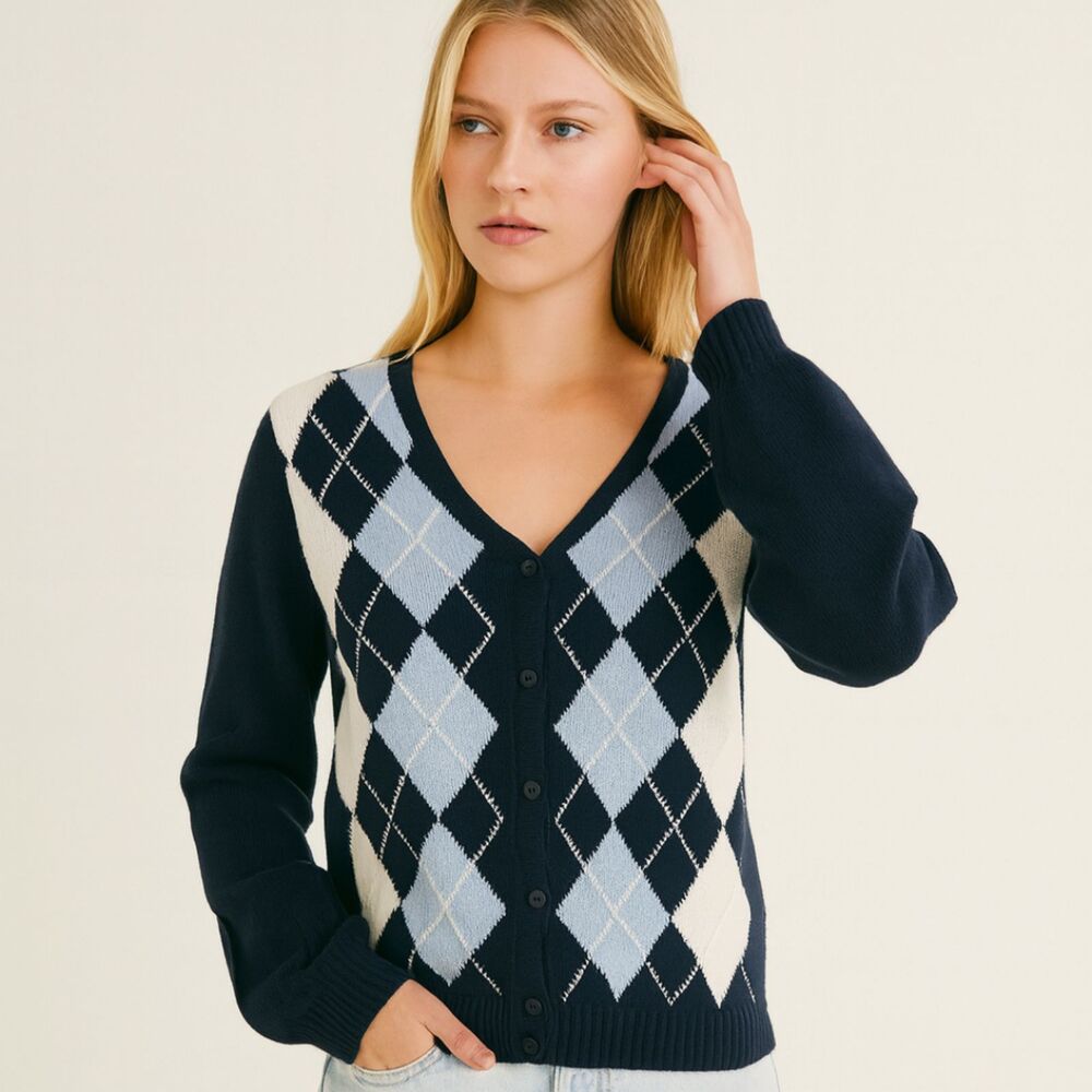 Brandy Mellville Cardigan Sweater Women's Size M Blue Argyle Classic Minimalist